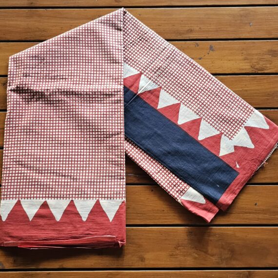 Red Chequered Handblock Print Saree