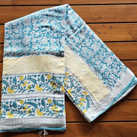 Aqua Floral | Bagru Handblock Print Saree