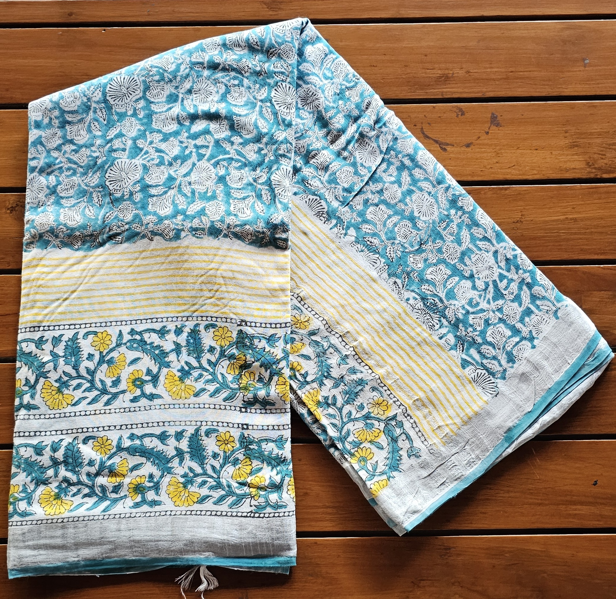 Aqua Floral | Bagru Handblock Print Saree