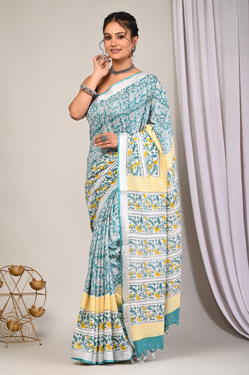 Aqua Floral | Bagru Handblock Print Saree - Image 4