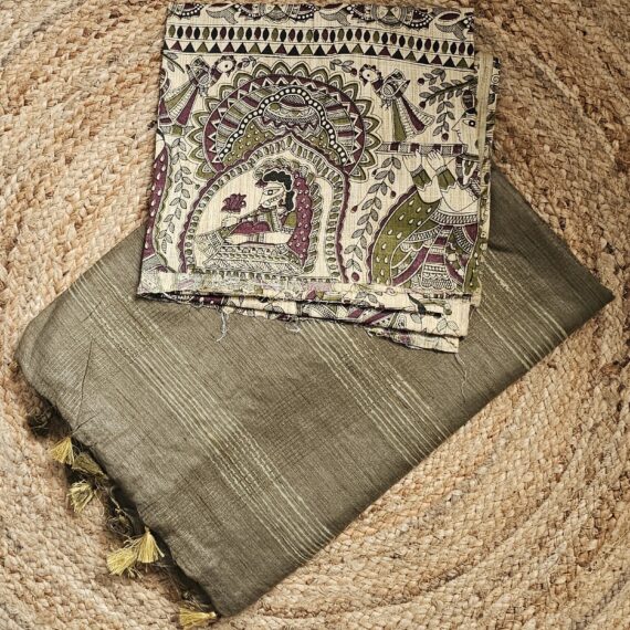 Matka Cotton with Screen Printed Blouse | Olive Green