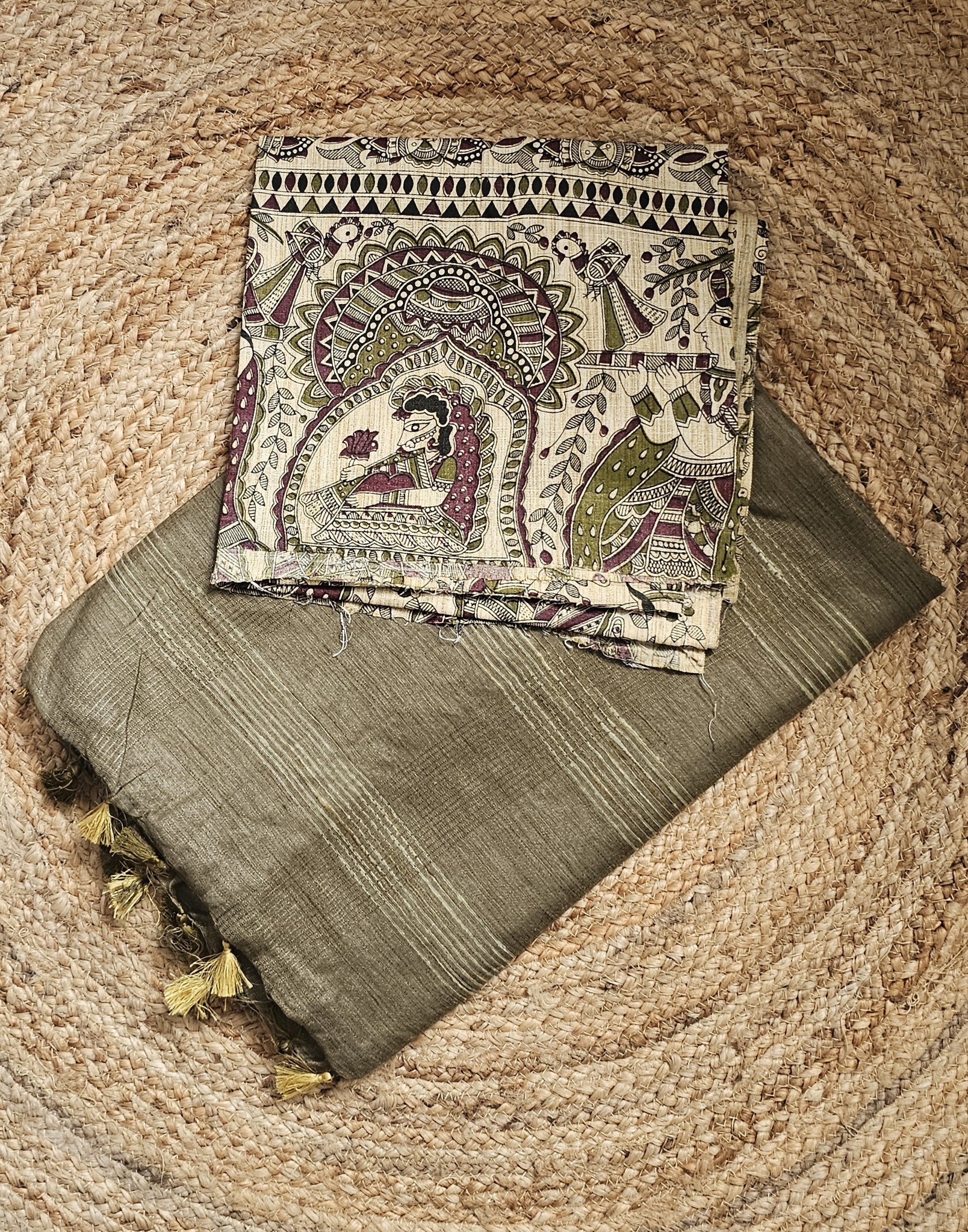 Matka Cotton with Screen Printed Blouse | Olive Green