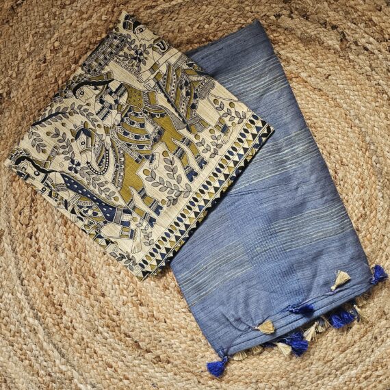 Matka Cotton with Screen Printed Blouse | Blue