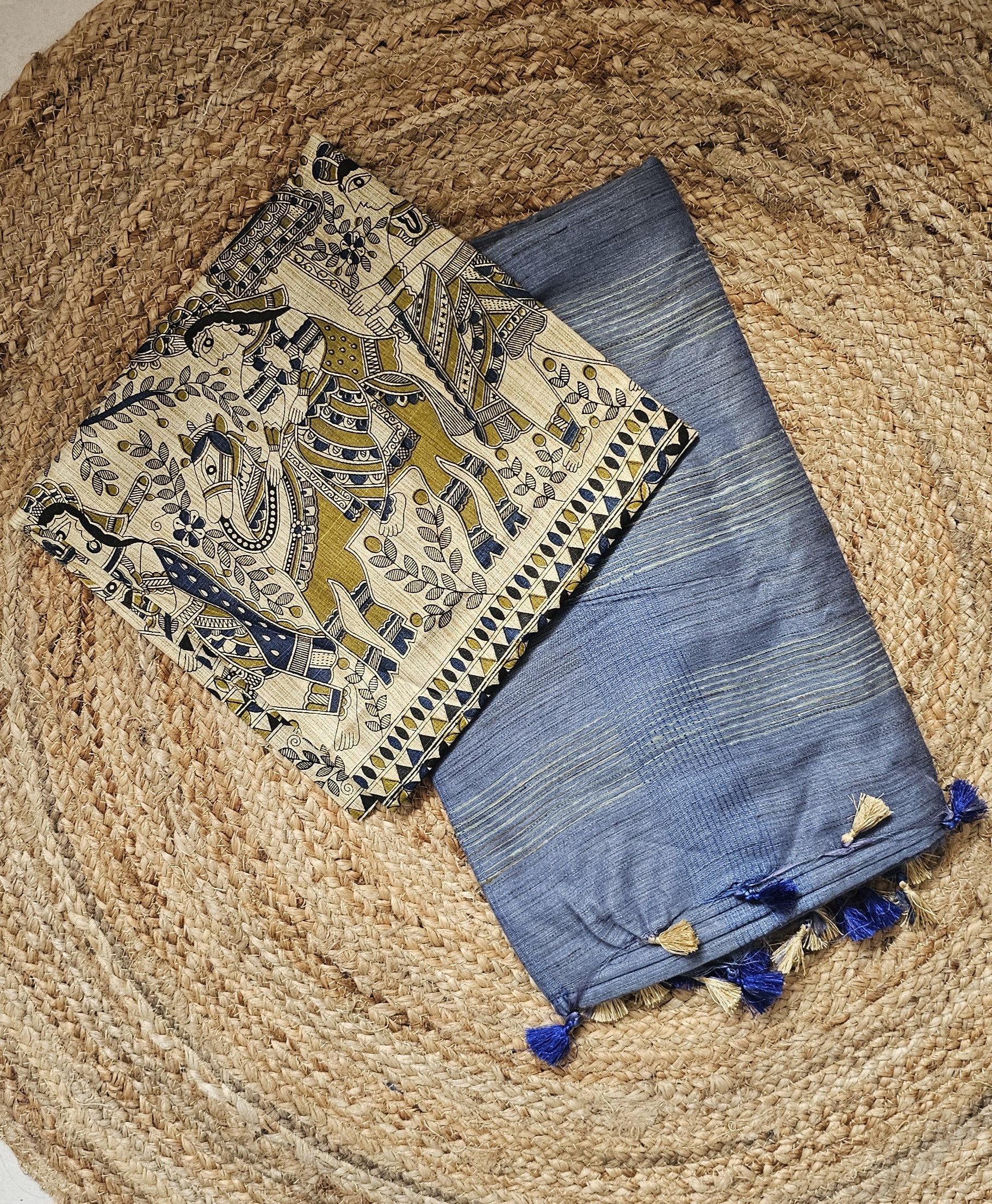 Matka Cotton with Screen Printed Blouse | Blue
